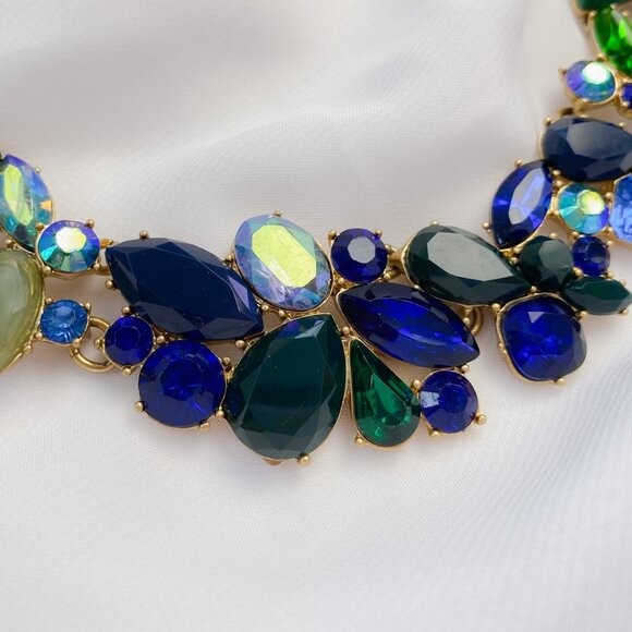 J. Crew Blue Green Yellow Ombre Chunky Rhinestone Gem Jewel Statement Necklace - Picture 5 of 13